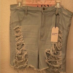 Distressed Light Blue Denim Shorts
